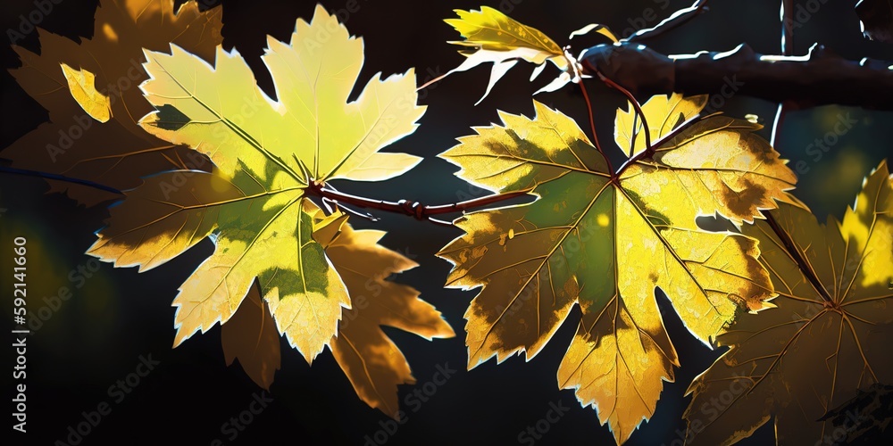 Poster two perfectly illuminated springtime maple trees. generative ai