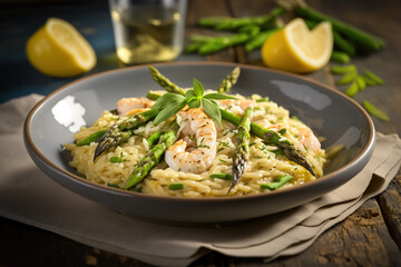 Lemony risotto with asparagus and succulent shrimp. Generative AI.