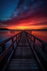Fototapeta na wymiar Wooden plank walkway leading to a beautiful sunset on the lake. Generative Ai.