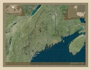 Maine, United States of America. High-res satellite. Labelled points of cities