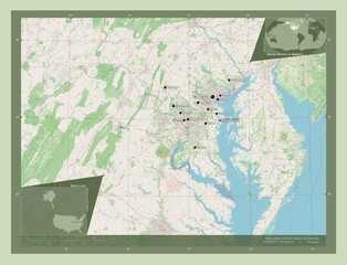 Maryland, United States of America. OSM. Labelled points of cities