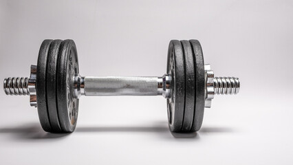 Fototapeta na wymiar Iron dumbbell with pancakes on a white background. Sports with weights.