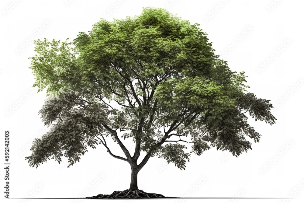Poster image of a tree in a garden, with just the white backdrop visible generative ai