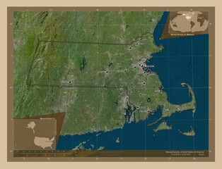 Massachusetts, United States of America. Low-res satellite. Labelled points of cities