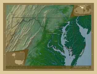 Maryland, United States of America. Physical. Labelled points of cities