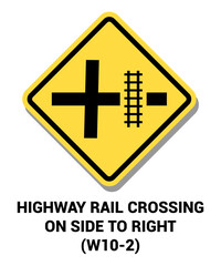 Fototapeta premium Manual On Uniform Traffic Control Device ( MUTCD ) HIGHWAY RAIL CROSSING ON SIDE TO RIGHT , United States Road Symbol Sign with description