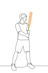 man in shorts and t-shirt stands in a rack ready to parry a blow with a wooden bat - one line drawing vector. concept training for baseball