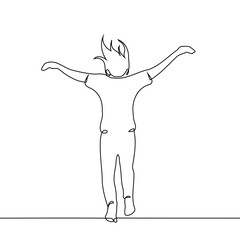 woman is jumping, her arms are outstretched like wings and her hair is full of a gust of wind - one line drawing vector. the concept of love of freedom, debt relief, getting rid of childhood trauma