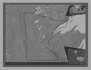 Minnesota, United States of America. Bilevel. Labelled points of cities