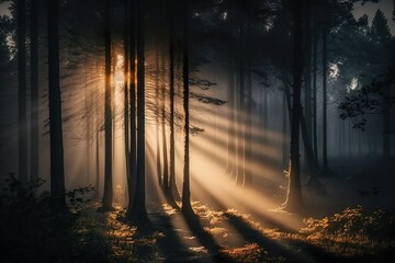 Mystic forest with warm sun rays in the morning light. Generative AI