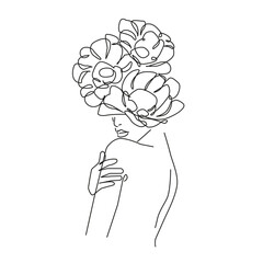 Woman with Flowers One Line Drawing. Female Body Floral Minimalist Line Drawing. Abstract Woman Modern Minimal Drawing Trendy Illustration Continuous Line Art. Beauty Minimal Logo. Vector EPS 10