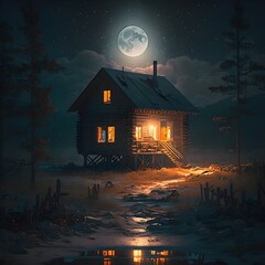 An Aerial View of the Shack: A Stunning Nighttime Image (ai generated)