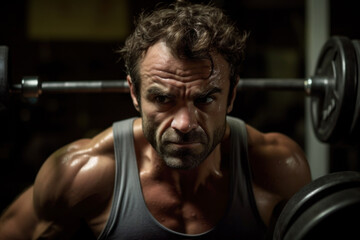 Fototapeta na wymiar Portrait Of A Mature Physically Fit Man Working Out Biceps In A Gym - Dumbbell Concentration Curls. Generative AI