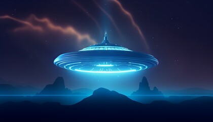 Fototapeta na wymiar image of an illuminated UFO spaceship emerging from a portal in the sky, as a blue light envelops the surrounding area. Generative ai