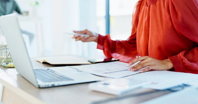 Woman, laptop and hands, finance and budget with spreadsheet and notes, accountant planning and calculator. Investment, financial manager and insurance with female working in office with paperwork