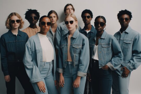 group of young people in jeans clothes and sunglasses standing together on grey background, selective focus, Generative AI
