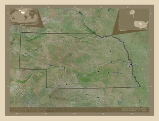 Nebraska, United States of America. High-res satellite. Labelled points of cities