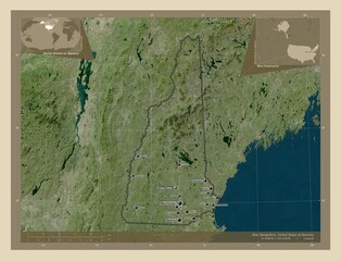 New Hampshire, United States of America. High-res satellite. Labelled points of cities