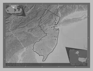 New Jersey, United States of America. Grayscale. Labelled points of cities