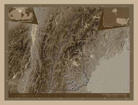 New Hampshire, United States of America. Sepia. Labelled points of cities