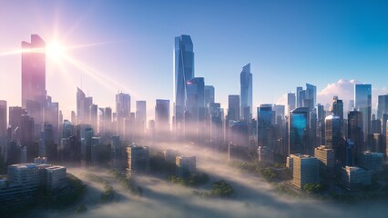 Fototapeta na wymiar Futuristic Beautiful City with Skyscrapers and Fog AI Generative