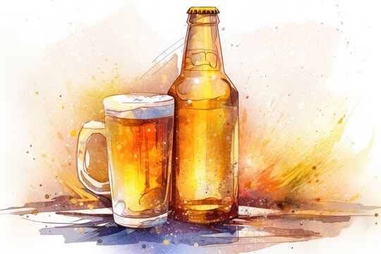 Delicate watercolor beer with soft washes of golden hues and intricate details, casual atmosphere, relaxing mood - Generative Ai