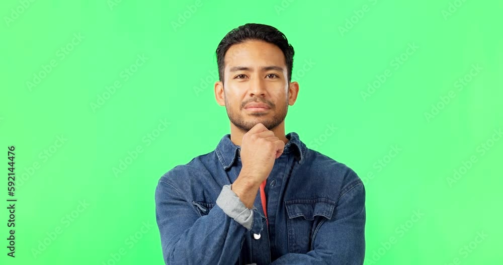 Poster face, thinking and man with idea in green screen studio and nodding, deciding or planning. contempla