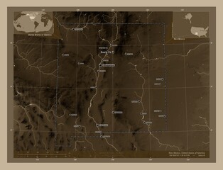 New Mexico, United States of America. Sepia. Labelled points of cities