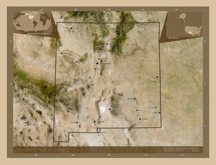 New Mexico, United States of America. Low-res satellite. Labelled points of cities