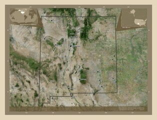 New Mexico, United States of America. High-res satellite. Labelled points of cities