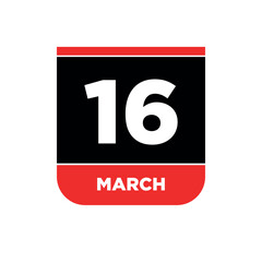 16th March Calendar vector icon. 16 March typography.