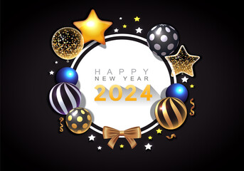 2024 New Year Realistic Glossy and Transparent Balloons with Confetti. Holiday, Sale, and Party Decoration. Birthday. Wedding, Greetings, Congratulations, Anniversary, Win, and so on