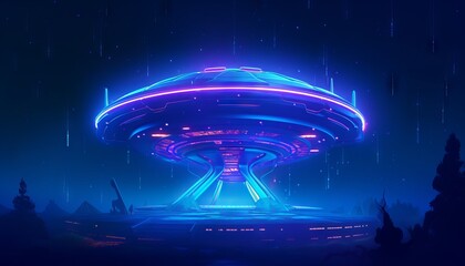 Obraz premium image of an illuminated UFO spaceship emerging from a portal in the sky, as a blue light envelops the surrounding area. Generative ai