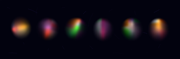 Rainbow flash beam of light. Set of multi-colored round glare rays, through glass, lens, prism. Spectrum of blinding flash, blurred shapes, iridescent, reflection glow, beam blur. Magic light. Vector.