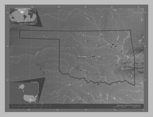 Oklahoma, United States of America. Grayscale. Labelled points of cities