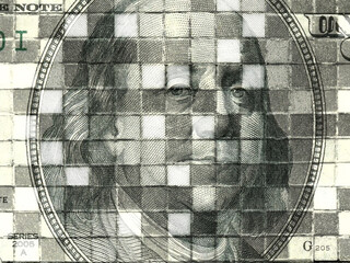 Closeup of recurring dollar currency image on white tiles. Double exposure conceptual image of American and Chinese currency competition.