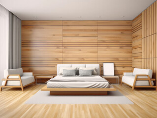 Bedroom interior with two armchair and wooden walls, wooden floor, comfortable king size bed and two armchairs. 3d rendering