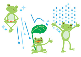 雨の日を楽しむカエルのベクターイラスト