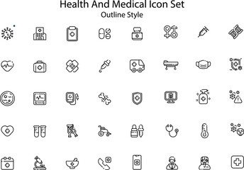 Health and medical icon set includes a variety of icons related to health, medicine, and medical care. The icons cover a range of concepts, including medical equipment, procedures, treatments
