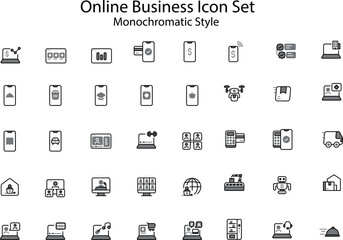 The Online Business icon set includes a variety of symbols that represent the features of an online business such as shopping cart, payment, delivery, product,  and more