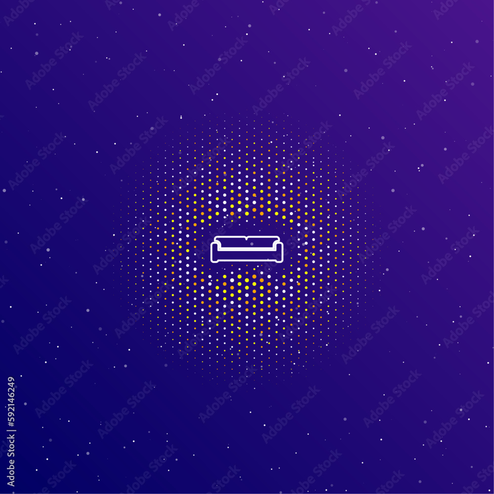 Poster a large white contour sofa symbol in the center, surrounded by small dots. dots of different colors 