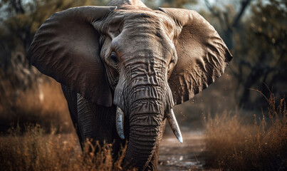 photo of African bush elephant in its natural habitat outdoors on African Savannah. Generative AI