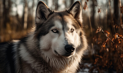 Obraz premium photo of Alaskan Malamute outdoors in the forest. Generative AI