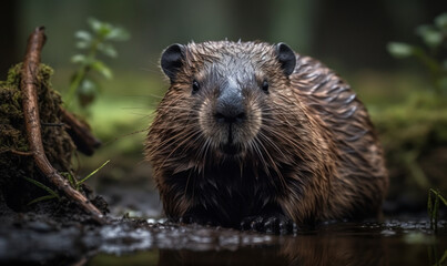 Fototapeta na wymiar photo of Beaver in its natural habitat outdoors in water. Generative AI