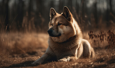 Naklejka na ściany i meble photo of Akita dog outdoors in the forest. Generative AI