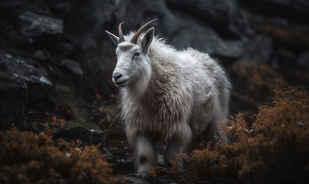 photo of Angora goat in its natural habitat outdoors. Generative AI