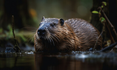 photo of Beaver in its natural habitat outdoors in water. Generative AI