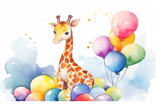 Happy Baby giraffe with balloons. Happy Birthday. Holiday concept, watercolor illustration. Generative AI.
