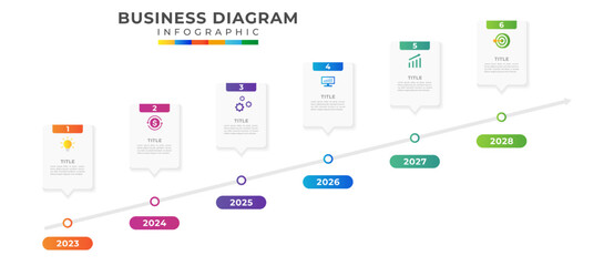 6 Steps Timeline diagram calendar with progress arrows, Presentation and business vector infographic template.

