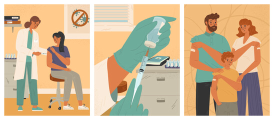 Covid vaccination vector posters set. Nurse giving vaccine injection shot to patient in hospital. Hands hold syringe and vaccine. Happy family just got vaccine jab - obrazy, fototapety, plakaty